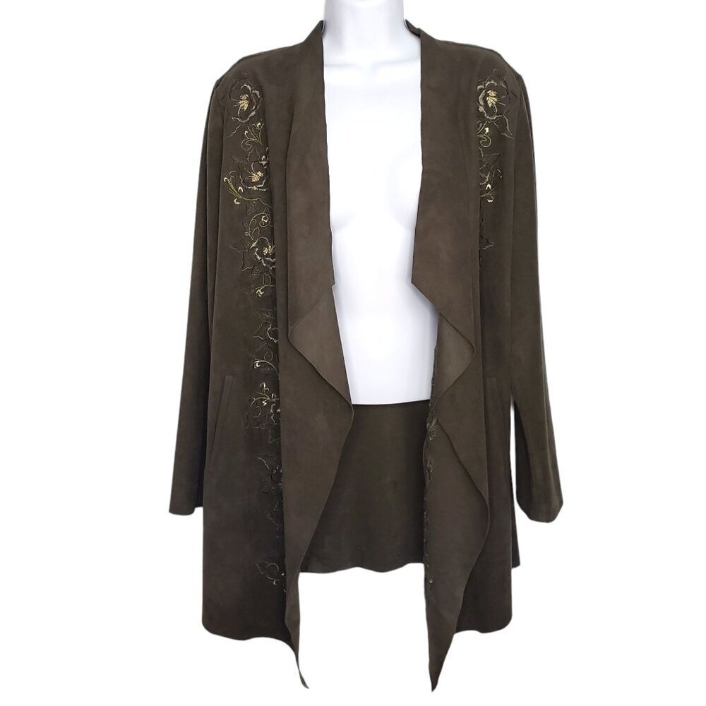 Chico’s Womens Faux Suede Drape Jacket Floral Embroidered Detail Green Size 8/10